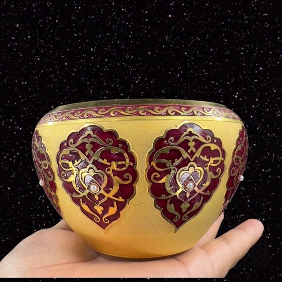 Decorium Turkish Glass Handcrafted Candy Dish Bowl Gold Gild W Lid Marked VTG - Picture 2 of 16